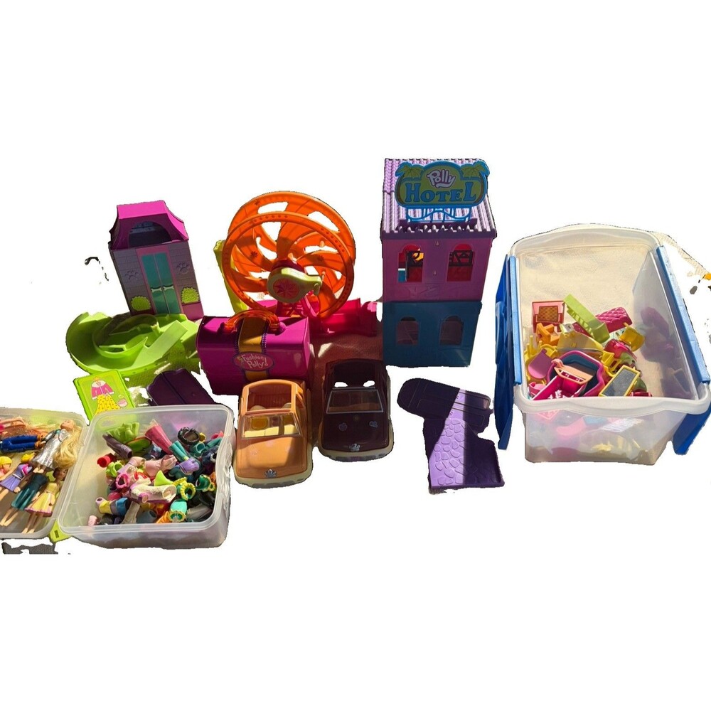 Huge Polly Pocket 2004 Era Lot Hotel Roller Coaster 2 Cars Dolls Clothes Playset